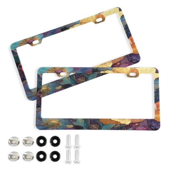 Aluminum License Plate Frame 2 Pack Car Exterior Accessory Car Tag Holder for Front Rear Plates Cars Decor Vibrant and Intricate Flowers
