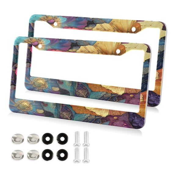 Aluminum License Plate Frame 2 Pack Car Exterior Accessory Car Tag Holder for Front Rear Plates Cars Decor Vibrant and Intricate Flowers