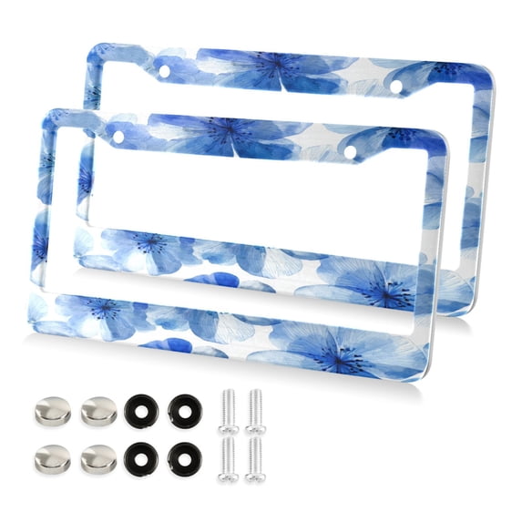 Aluminum License Plate Frame 2 Pack Car Exterior Accessory Car Tag Holder for Front Rear Plates Cars Decor Watercolor Blue Flowers