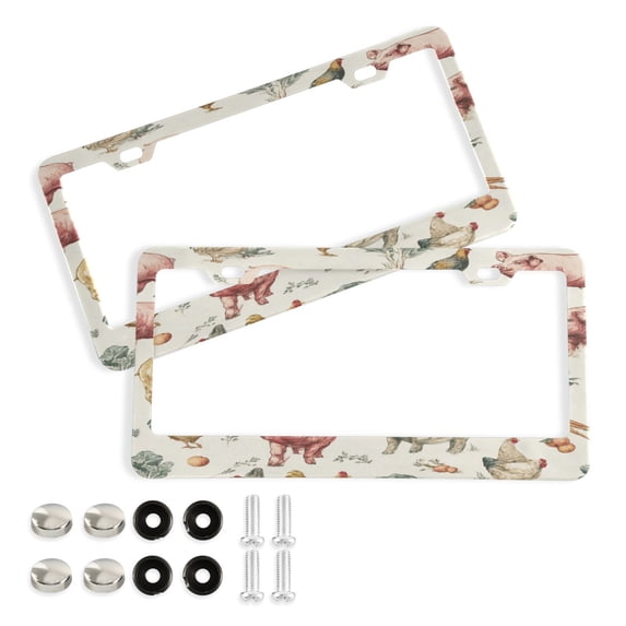 Aluminum License Plate Frame 2 Pack Car Exterior Accessory Car Tag Holder for Front Rear Plates Cars Decor Watercolor Farm Animals