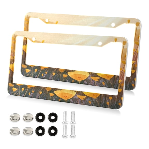 Aluminum License Plate Frame 2 Pack Car Exterior Accessory Car Tag Holder for Front Rear Plates Cars Decor Yellow Flower Field