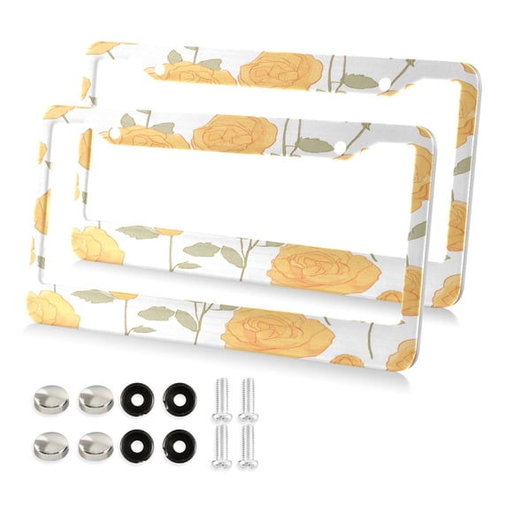 Aluminum License Plate Frame 2 Pack Car Exterior Accessory Car Tag Holder for Front Rear Plates Cars Decor Yellow Roses Pattern