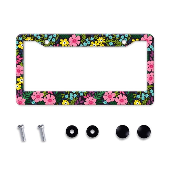 Aluminum License Plate Frame - Sweet Floral Decoration Cute Colorful Flower Pattern Car Tag Holder for Women, Rust-Proof Metal Auto Frame with Screws & Caps, Fits Standard 12.2" x 6.3" US Plates