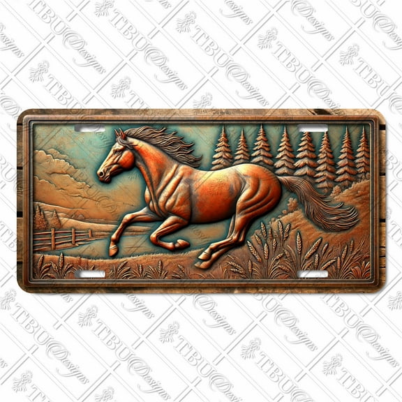 Aluminum License Plate with Sublimated Running Horse Design  Rustic Forest Scene and Dynamic Artwork for Car, Truck, or Wall Display