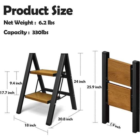 Aluminum Lightweight 2 Step Ladder with Anti-Slip Wide Pedal, 330lbs Capacity for Home, Kitchen, Office - Black Woodgrain