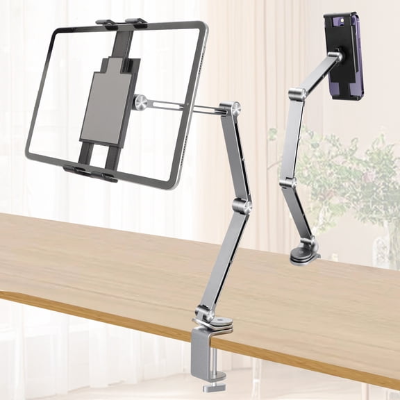 Aluminum Long Arm Tablet Stand for Desk, 360 Rotating Adjustable Clamp Mount Compatible with iPad Pro Air Mini, iPhone and 4.712.9" Devices for Office and Video Calls