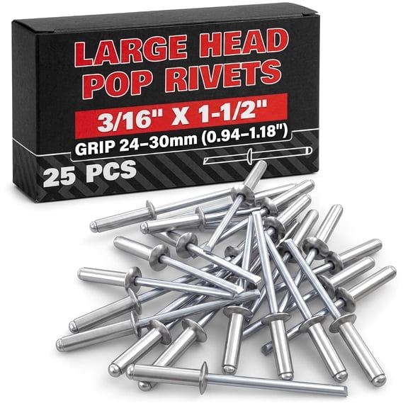 Aluminum Long Rivets 25 Pcs, 3/16 x 1-1/2 Large Dome Head Fasteners | Heavy Duty Pop Rivets Fasten Metal, Windows, Doors, and Auto Body - Corrosion Resistant, 24 to 30 mm Extra Long Grip Range