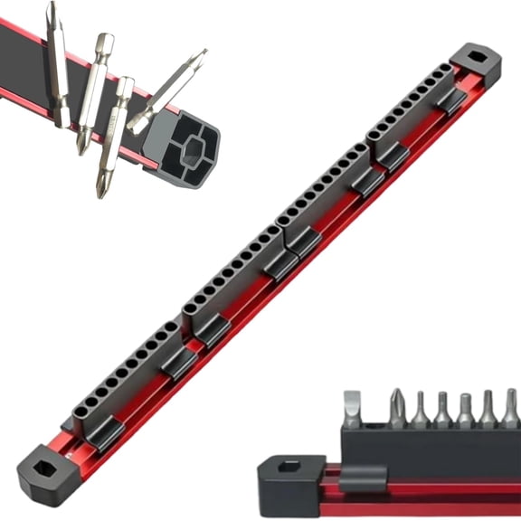 Aluminum Magnetic Bit Organizer Holds 40 Bits, 1/4" Hex Shank Screwdriver Bit Holder Rail, Heavy Duty Storage Tray for Tool Box, High Capacity Stick Rack for Mechanic DIY Red