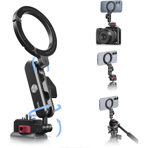 Aluminum Magnetic Phone Tripod Mount, MA56 Camera Phone Mount w 1/4'' Screw & Thread Uka Arca Base, Adjustable Phone Holder for Monitoring Tripods Stabilizer for iPhone 17/16/15/14/13 Series