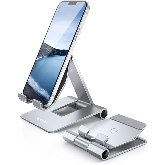 Aluminum Metal Adjustable Cell Phone Stand Desk - Heavy Duty Metal Foldable Desktop Phone Holder, Cradle, Dock, for iPhone 16 15 14, Plus, Pro, Pro Max, 13 12 X XS,4-11'' Phone Sliver