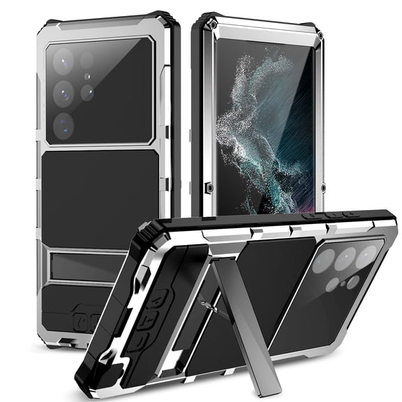 Aluminum Metal Bumper Silicone Compatible with Samsung Galaxy S23 Ultra 5G 6.8 inch Case Cameras Protection Heavy Duty Protection Cover Shockproof with Built in Screen Protector Holder, Silver