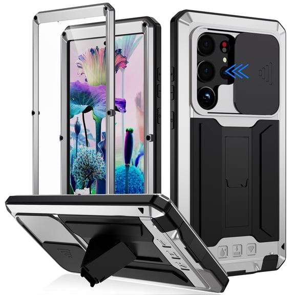 Aluminum Metal Gorilla Glass Shockproof Military Heavy Duty Sturdy Case for Samsung Galaxy S24,Dteck Built-in Screen Full Body Protector Silicone Case Slide Lens Protection Kickstand Cover, Silver