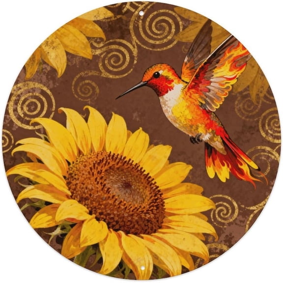 Aluminum Metal Round Wall Sign, Vintage Rustic Sunflower and Gold Swirl Art Decorative Plaque for Home Office Cafe Yard, 8 x 8 Inch