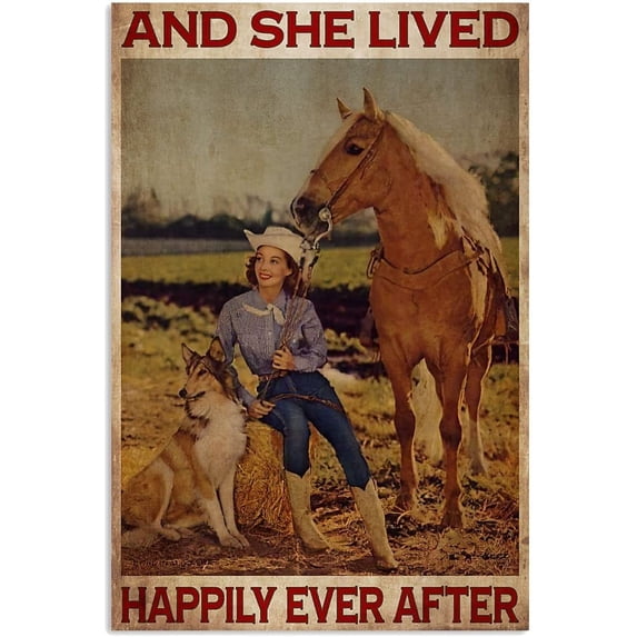 Aluminum Metal Signs Vintage Horse With Dog She Lived Happily Ever After for Home Coffee Garden 8x12 Inch