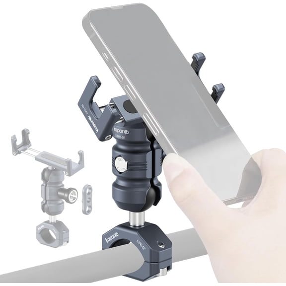 Aluminum Motorcycle Phone Holder, Screw Clamp Fits 22-32mm Handlebar, Adjustable Socket Arm & Clip for 4.7-7" Smartphones, Compatible with Motorcycle/ATV/Bicycle (KPS-02)