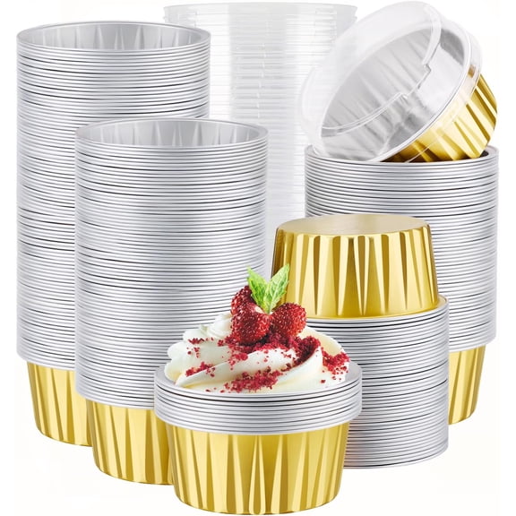 Aluminum Muffin Cups with Lid, 100pcs 5oz Muffin Liners Cups with Lids, Disposable Foil Ramekins, Aluminum Cupcake liners, Creme Brulee Ramekins, Aluminum Foil Cupcake Baking Cups Holders Pans