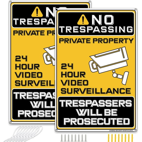 Aluminum No Trespassing Sign 2 Pack 8x12 Inch Weatherproof, Reflective, Wall/Door Mount, Yellow & Black, Minimalist Style