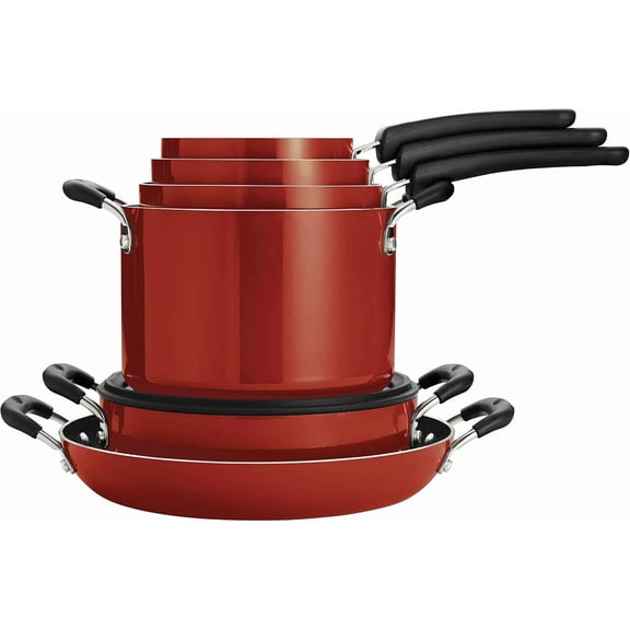Aluminum Non Stick 11-Piece Nesting Pots and Pans Set with Lids - Red, Kitchen Nonstick Cookware Set, Dishwasher and Oven Safe