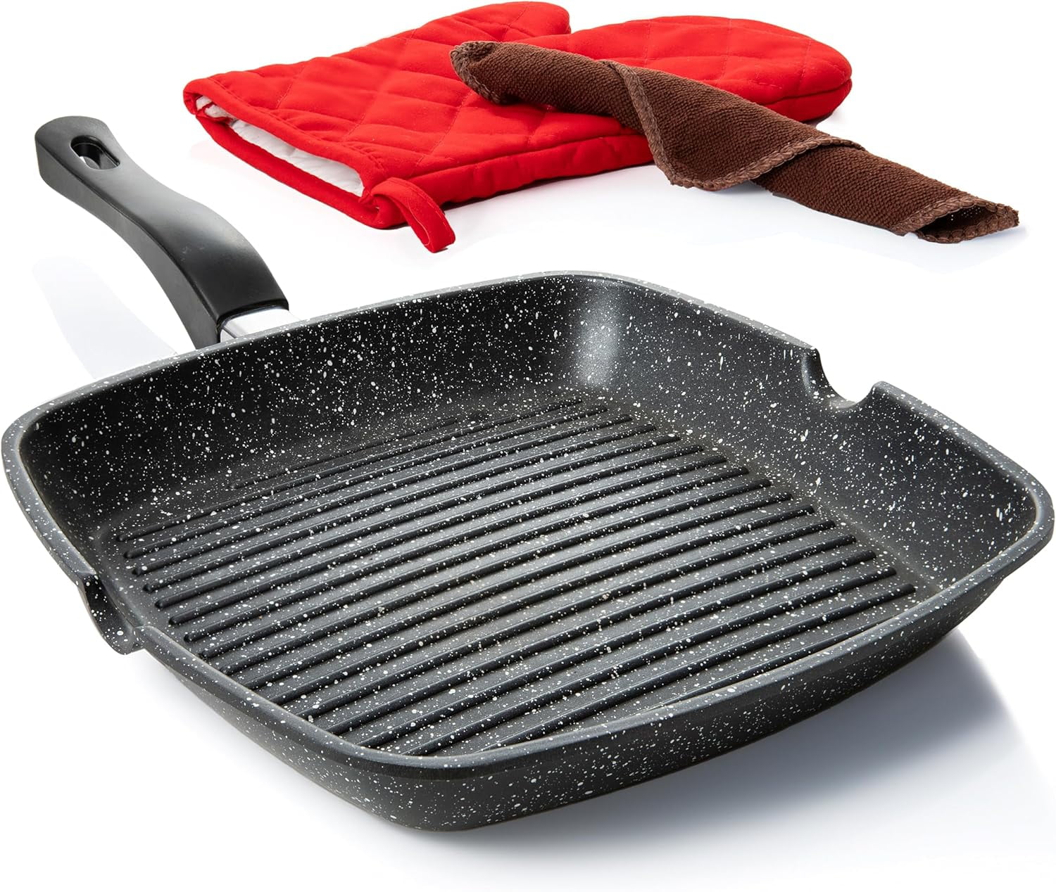 Aluminum Nonstick Grill Pan for Stove Tops, Versatile Griddle Skillet with Pour Spouts, 11 Inch Square Grill Pan Big Cooking Surface, Durable Skillet For Indoor Cooking & Outdoor Grilling