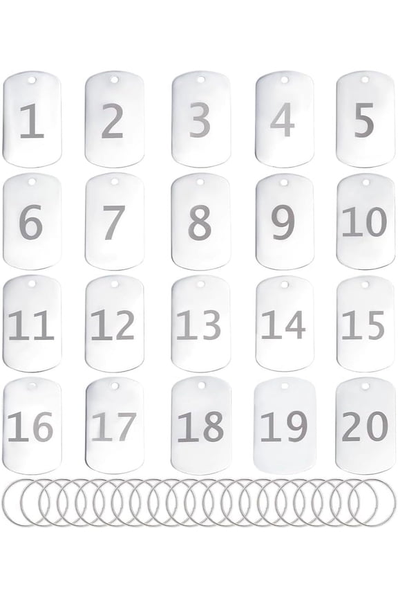 Aluminum Numbered Key Tags 1-20 Number Tag 1.97x1.14 Inch Rectnagle ID Tags Key Chain Numbered Tags with Key Rings Silver for DIY handcrafting