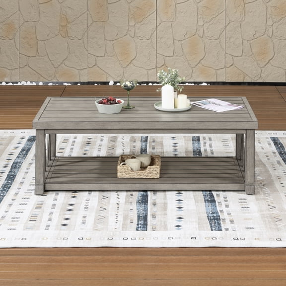 Aluminum Outdoor 2-Tier Coffee Table, Hand-Brushed Limed Oak Finish, Rust-Free Weather-Resistant Patio Table with Adjustable Leveling Feet and Double-Layer Storage