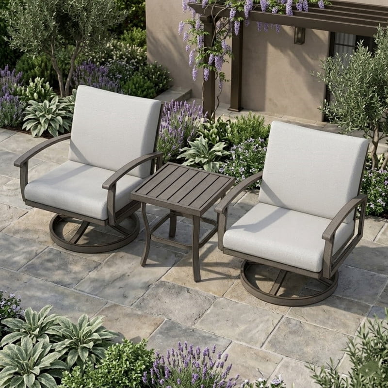 Aluminum Outdoor Bistro Set - 3 Piece Swivel Rocker Patio Chairs with Thick Cushions and Side Table, Small Patio Furniture Set for Backyard Porch Balcony