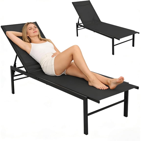 Aluminum Outdoor Chaise Lounge Chair - 5-Position Adjustable Recliner with Full Flat Tanning Mode, Portable Design for Poolside, Patio, Deck, Backyard, Lawn & Beach, 1 Piece-Black