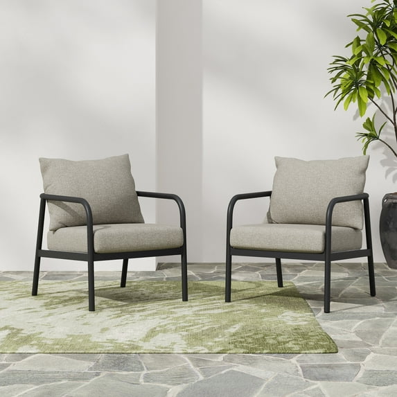 Aluminum Outdoor Club Chairs with Padded Cushions, Beige+Black, Set of 2