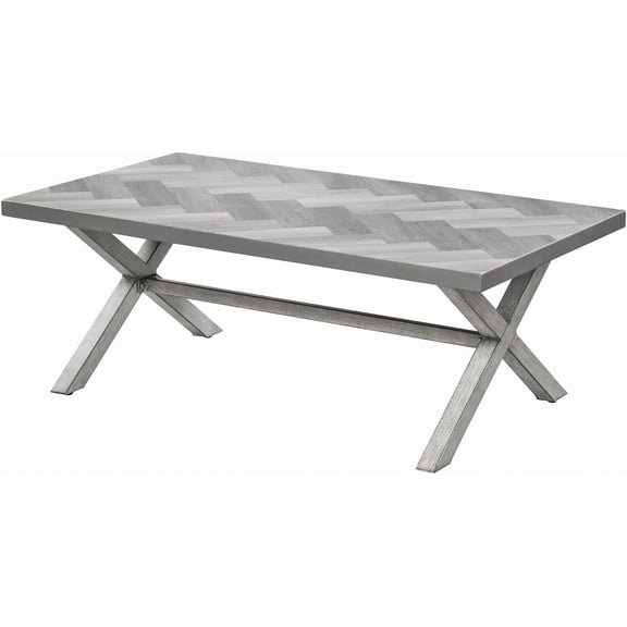 Aluminum Outdoor Coffee Table, All-Weather Rectangle Patio Coffee Table with Resin Tabletop, Modern Aluminum Outdoor Furniture Table for Patio, Poolside, Garden, Balcony, White Oak