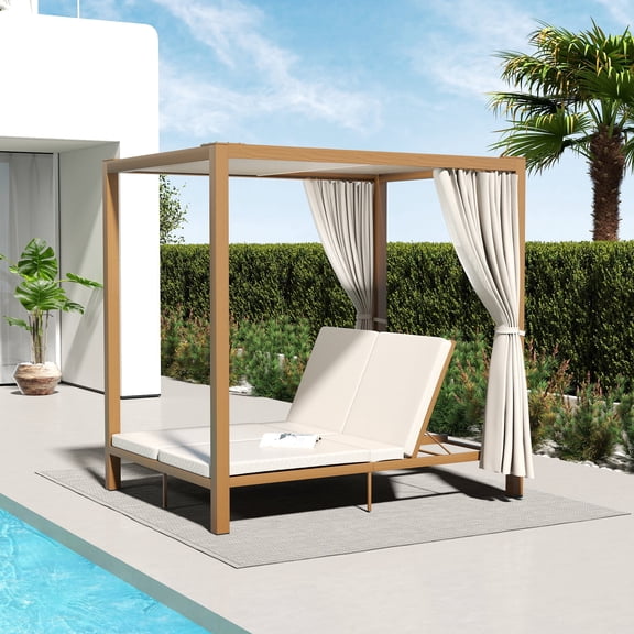 Aluminum Outdoor Daybed with Canopy, 2-Person Adjustable Chaise Lounge, with Sunshade & Sheer Curtains, Independent Reclining Backrests, All-Weather Poolside Lounger for Deck Porch Backyard
