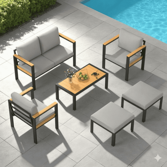 Vicluke 6-Piece Aluminum Outdoor Conversation Set with Washable Cushions and Coffee Table, Gray/Gray