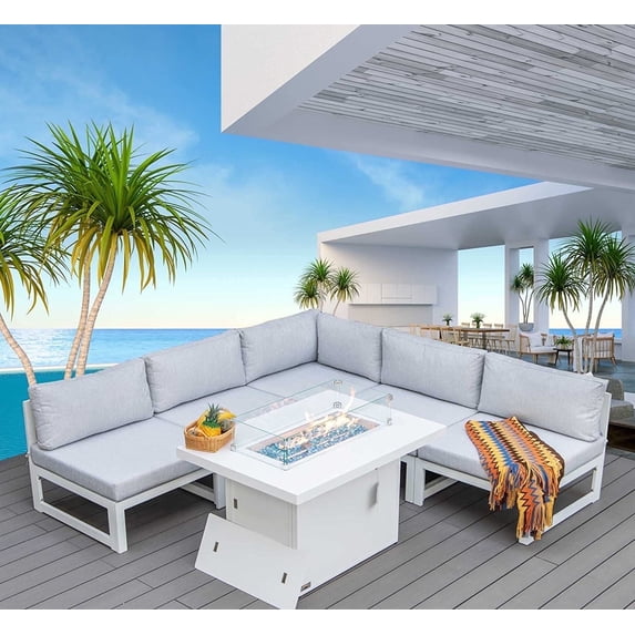 Aluminum Outdoor Furniture with Propane Fire Pit Conversation Set with 43" Gas Fire Pit Table Safe Approved Outdoor Luxury Sofa Set White Color