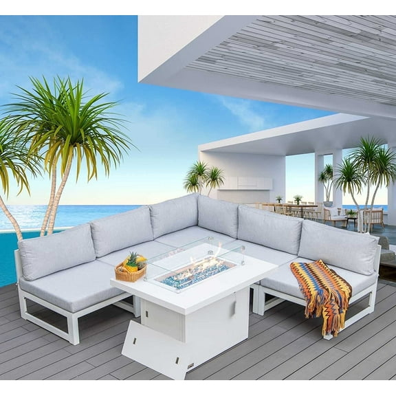 Aluminum Outdoor Furniture with Propane Fire Pit Conversation Set with 43" Gas Fire Pit Table Safe Approved Outdoor Luxury Sofa Set White Color