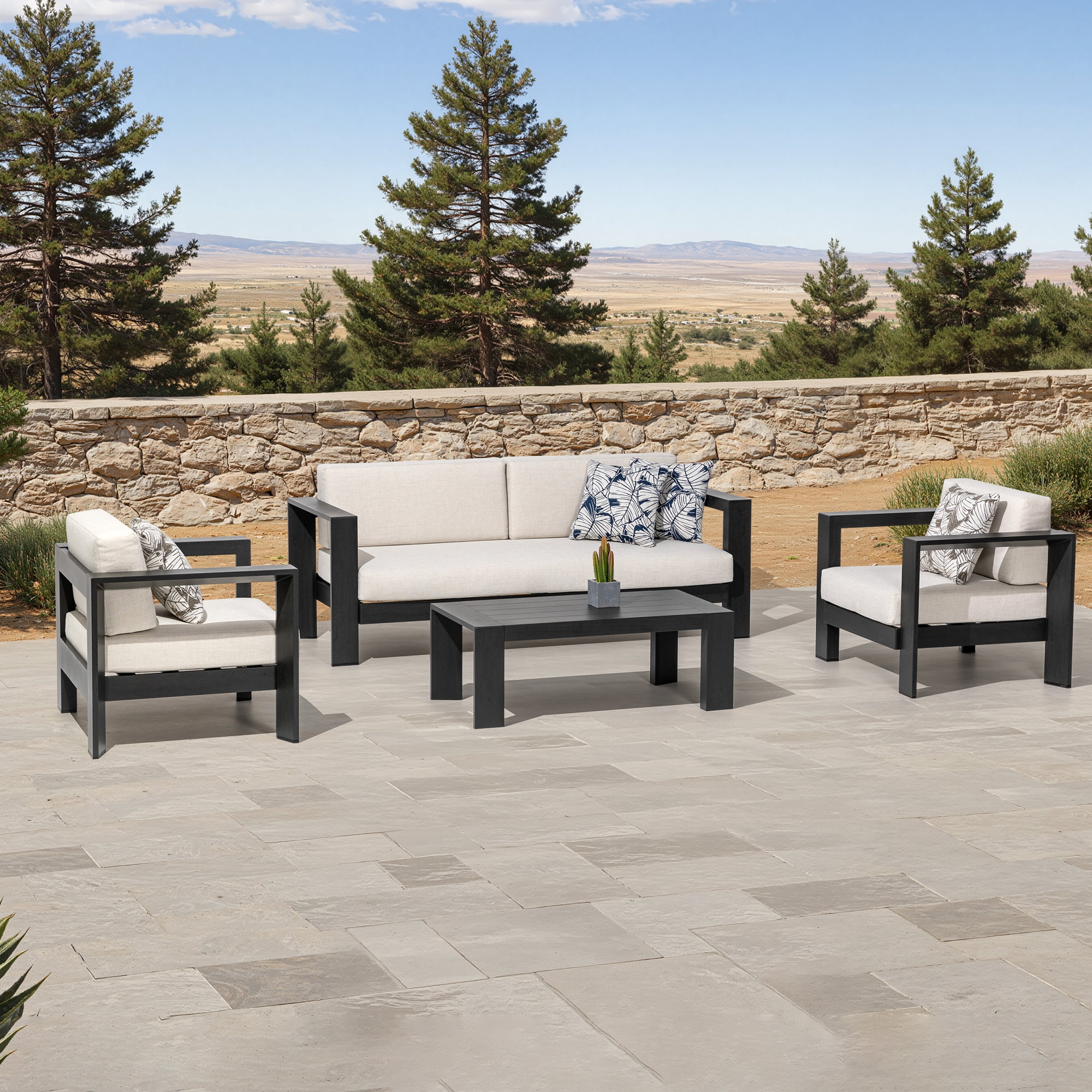FHVIT Aluminum Patio Furniture Set 4-Piece Oversized Outdoor Furniture Set with Washable Thick Cushions, Coffee Table for Porch, Balcony, Deck, Yard