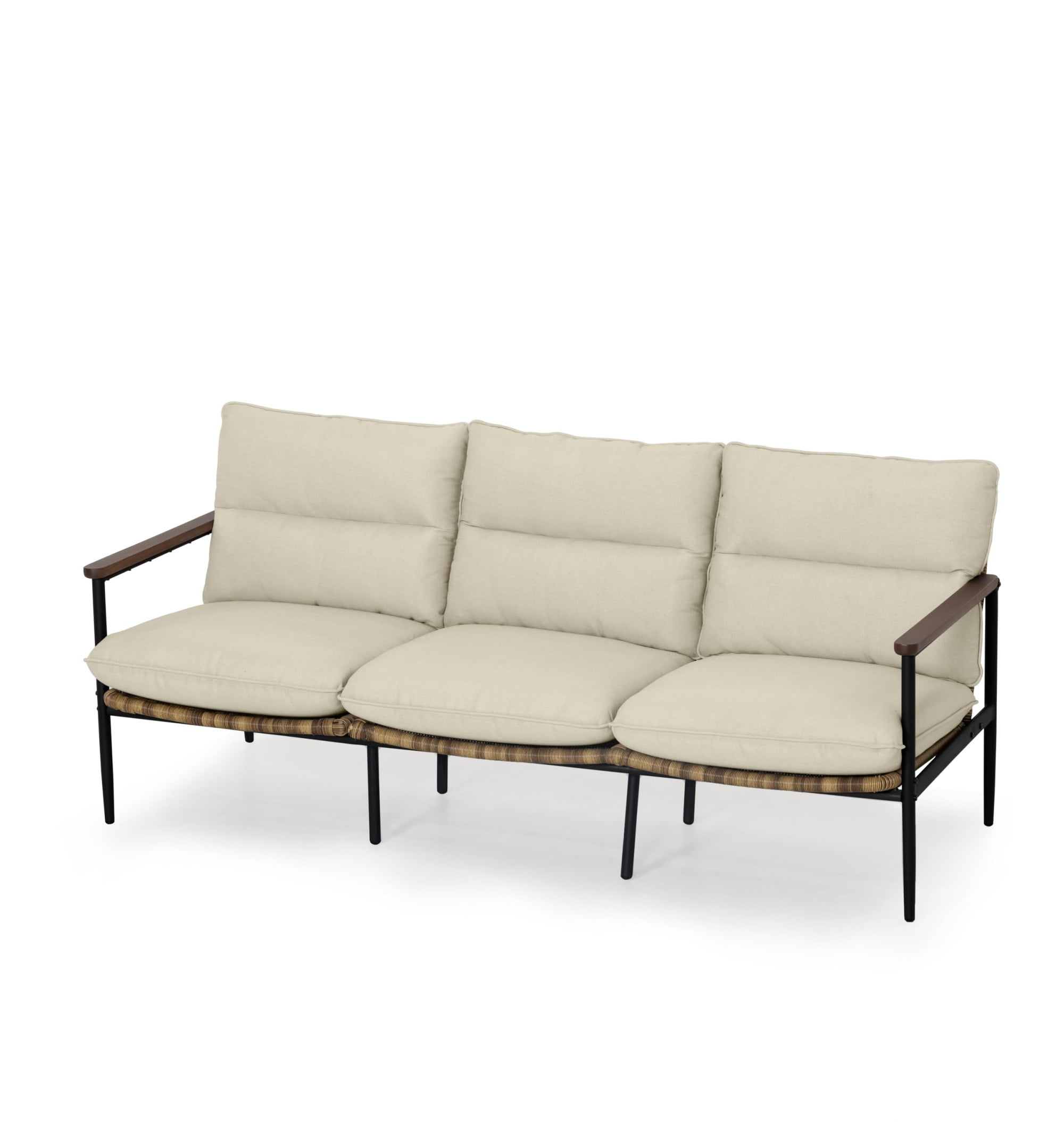 Aluminum Outdoor Patio Sofa, 3-Seat Couch with Wicker Backrest & Acacia Wood Armrests, 4.7" Olefin Cushions, Weather-Resistant for Backyard, Balcony, Porch