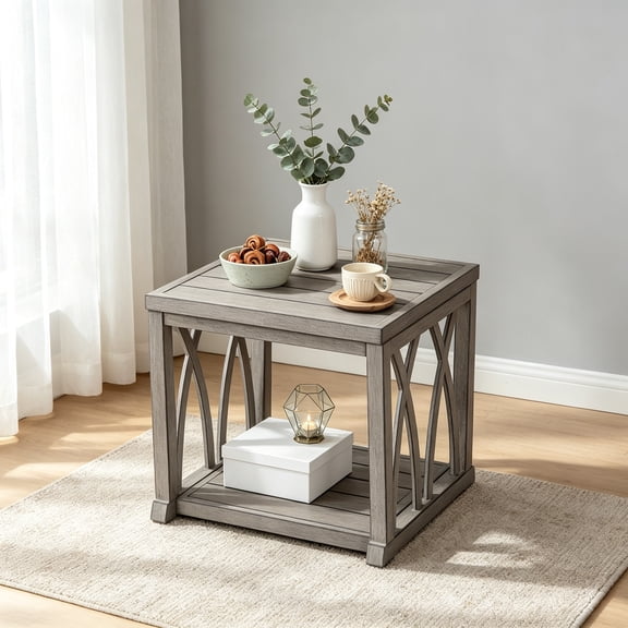 Aluminum Outdoor Side Table, 20.3" Square Patio End Table with Double-Layer Storage Design, Modern Waterproof Patio Side Table with Adjustable Feet for Balcony, Deck, Porch, Limed Oak