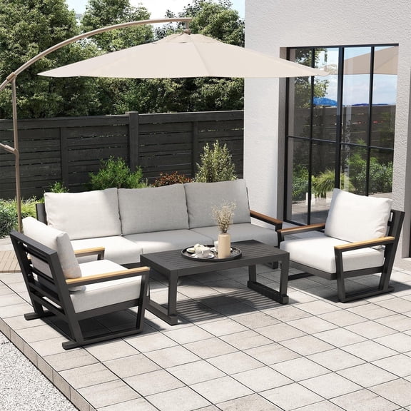Aluminum Outdoor Sofa,5 Seats Modern Patio Furniture Set,Sectional Sofa Conversation Set with Coffee Table, Upgraded Washable Cushions for Garden Backyard,Grey