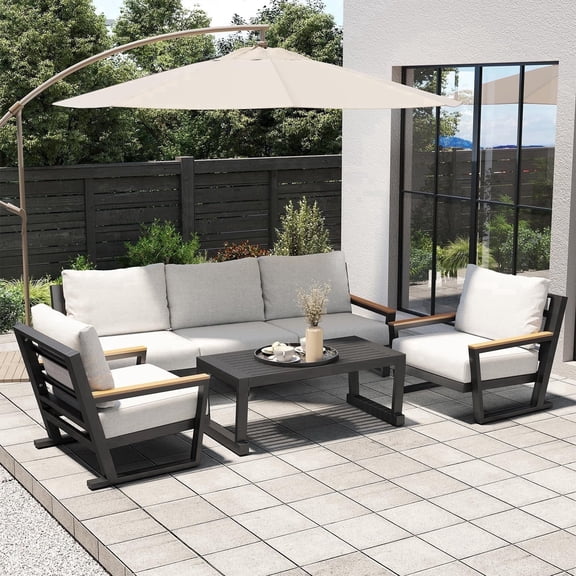 Aluminum Outdoor Sofa,5 Seats Modern Patio Furniture Set,Sectional Sofa Conversation Set with Coffee Table, Upgraded Washable Cushions for Garden Backyard,Grey