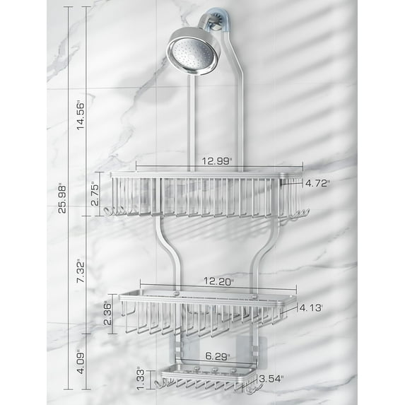 Aluminum Over The Head Shower Caddy with 10 Hooks - Never Rust Bathroom Organizer - Silver