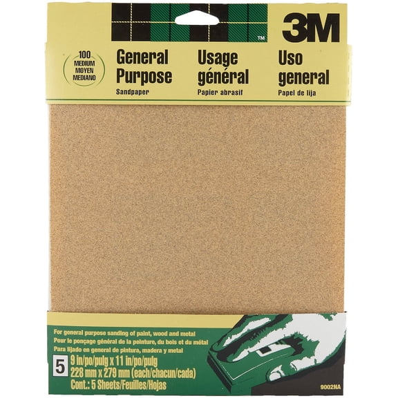 3M Aluminum Oxide Sandpaper - 100 Grit - 5 Pack, 9 x 11 In.