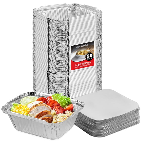 Aluminum Pans Take Out Containers (50 Pack) 50 Foil Oblong Pans and 50 Cardboard Lids - 1 Lb Tin Pans - Disposable Food Storage Containers for Cooking, Baking and Meal Prep