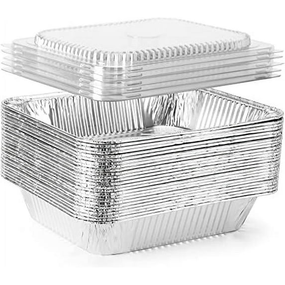 Aluminum Pans Trays with Deep Plastic Lids 25 Pack 3.58 Liter Disposable Containers with Heavy Duty Lids - 13"x9"x2.5" Inch Recyclable Deep Half Size Pans - Reusable Oven Air Fryer Freezer Safe Pan