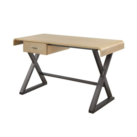 Benjara Aluminum Patchwork Rectangular Desk with X Trestle Base, Gold and Black