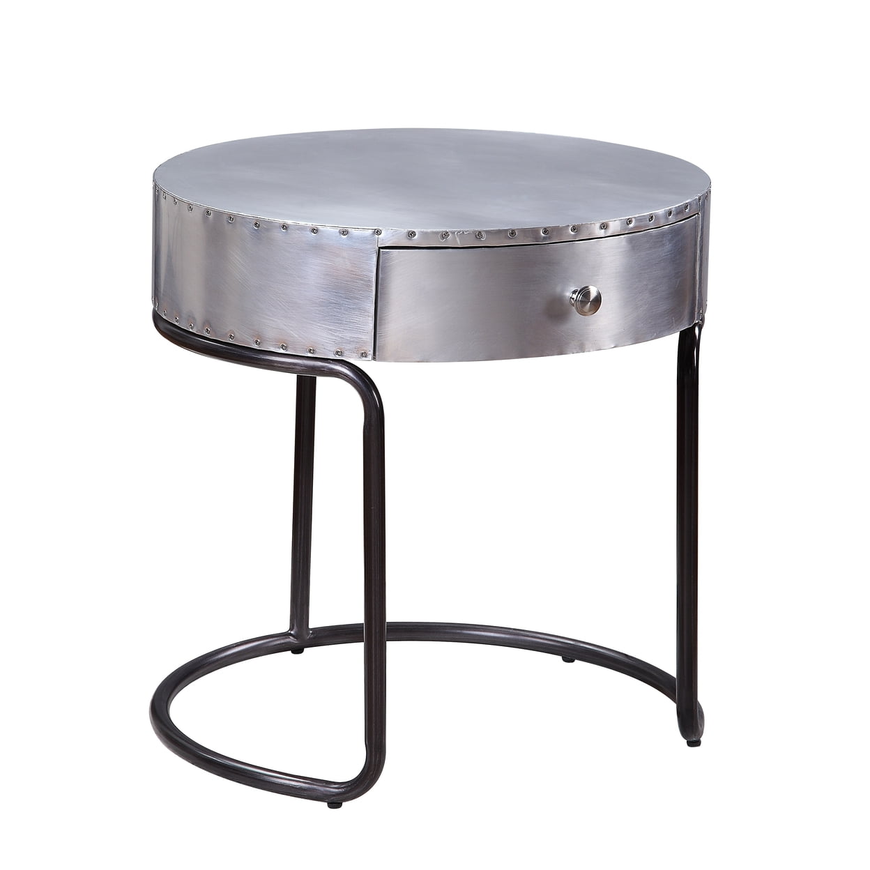 Round Silver Wood and Metal End Table with Storage