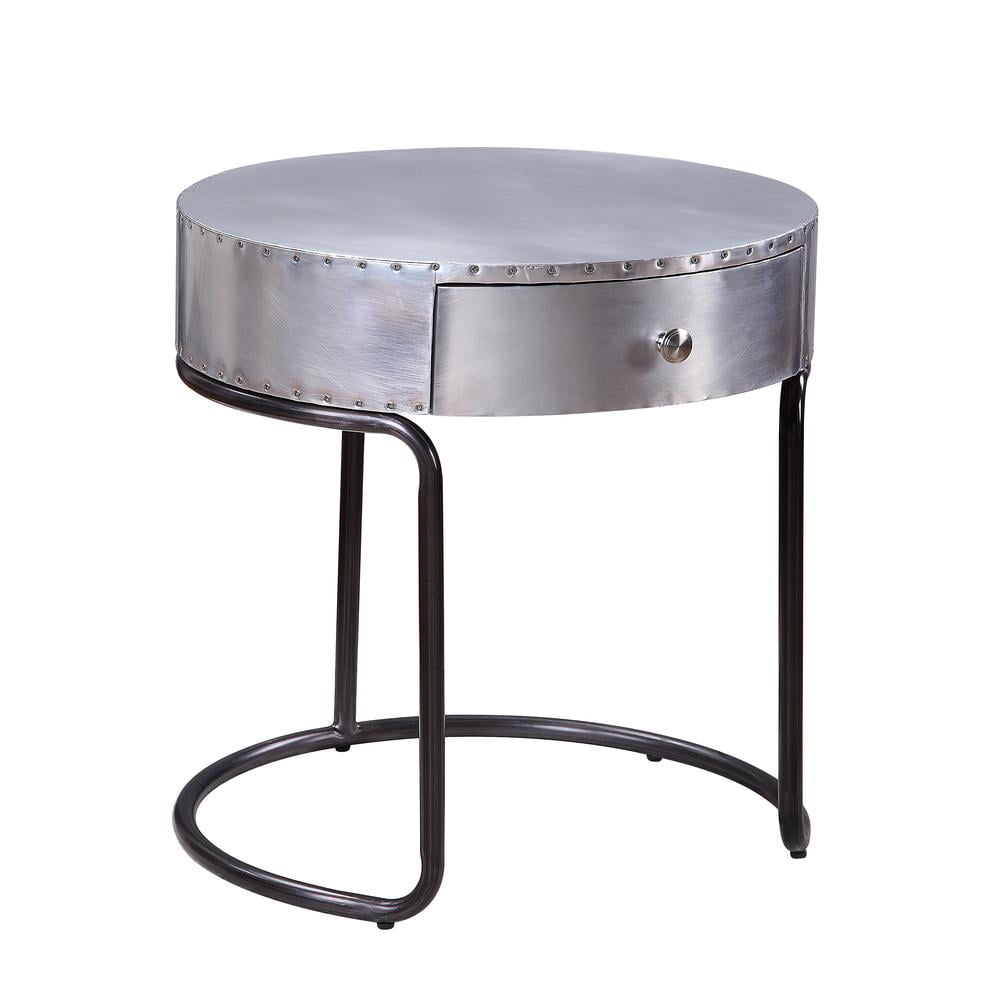 Round Silver Wood and Metal End Table with Storage
