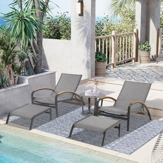 Aluminum Patio 3 PCS Chaise Lounge Set, Phifertex Sling Fabric Lounge Club Chairs with Ottomans and Round Side Table