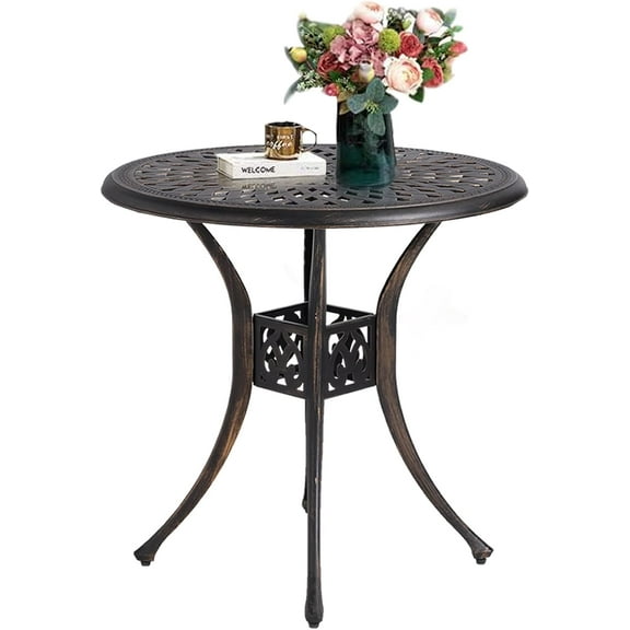 Aluminum Patio Bistro Table Set, Outdoor Patio Anti-Rust Cast Aluminum Table with 2" Umbrella Hole, Floral Carving Design-Antique Bronze