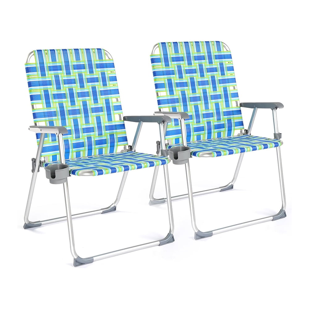 Aluminum Patio Chairs Set of 2, Webbed Beach Chair, Portable Folding Chair with Detachable Cup Holder for Balcony, Yard, Garden, 300 LBS Capacity, Dark Green