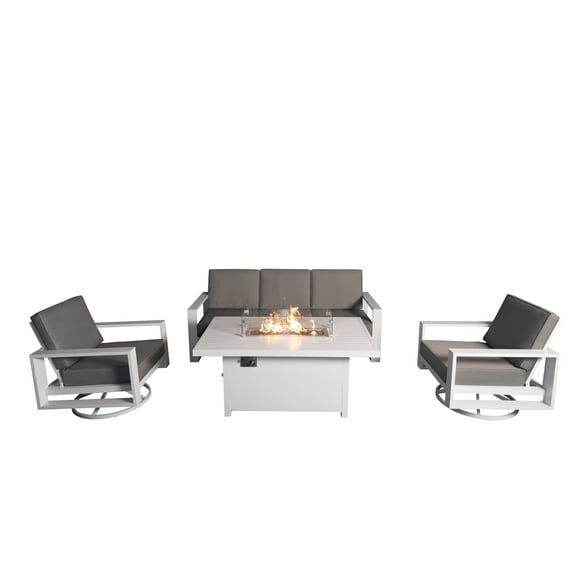 Aluminum Patio Furniture Set, 4 Pieces Outdoor Sectional Conversation Set with 55.12'' Fire Pit Table, Swivel Chair and Sofa, All-Weather Modern Seating Set for Backyard - 2 Swivel + 3 Seater Sofa