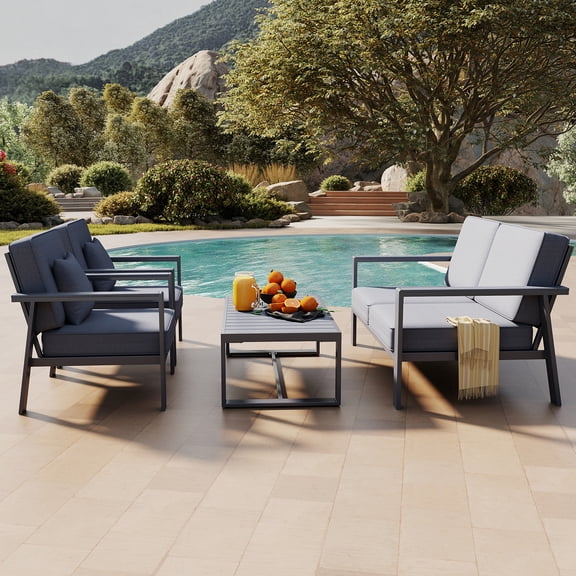 Aluminum Patio Furniture Set,4 Seat Outdoor Conversation Set with Thick Cushions and Coffee Table,Modern Metal Patio Sofa Set Gray